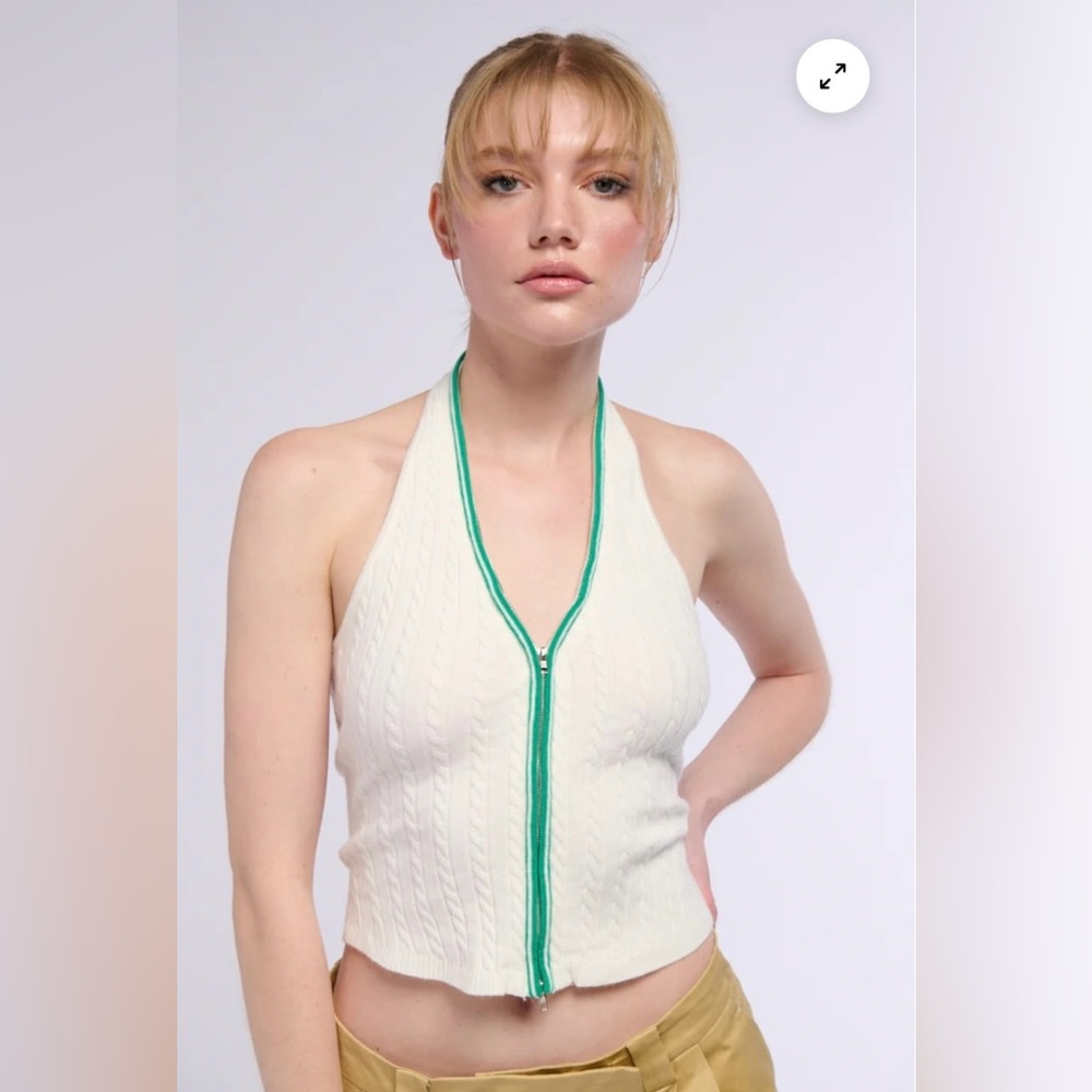 Akira Zip It Up Halter Crop Top with Green Trim